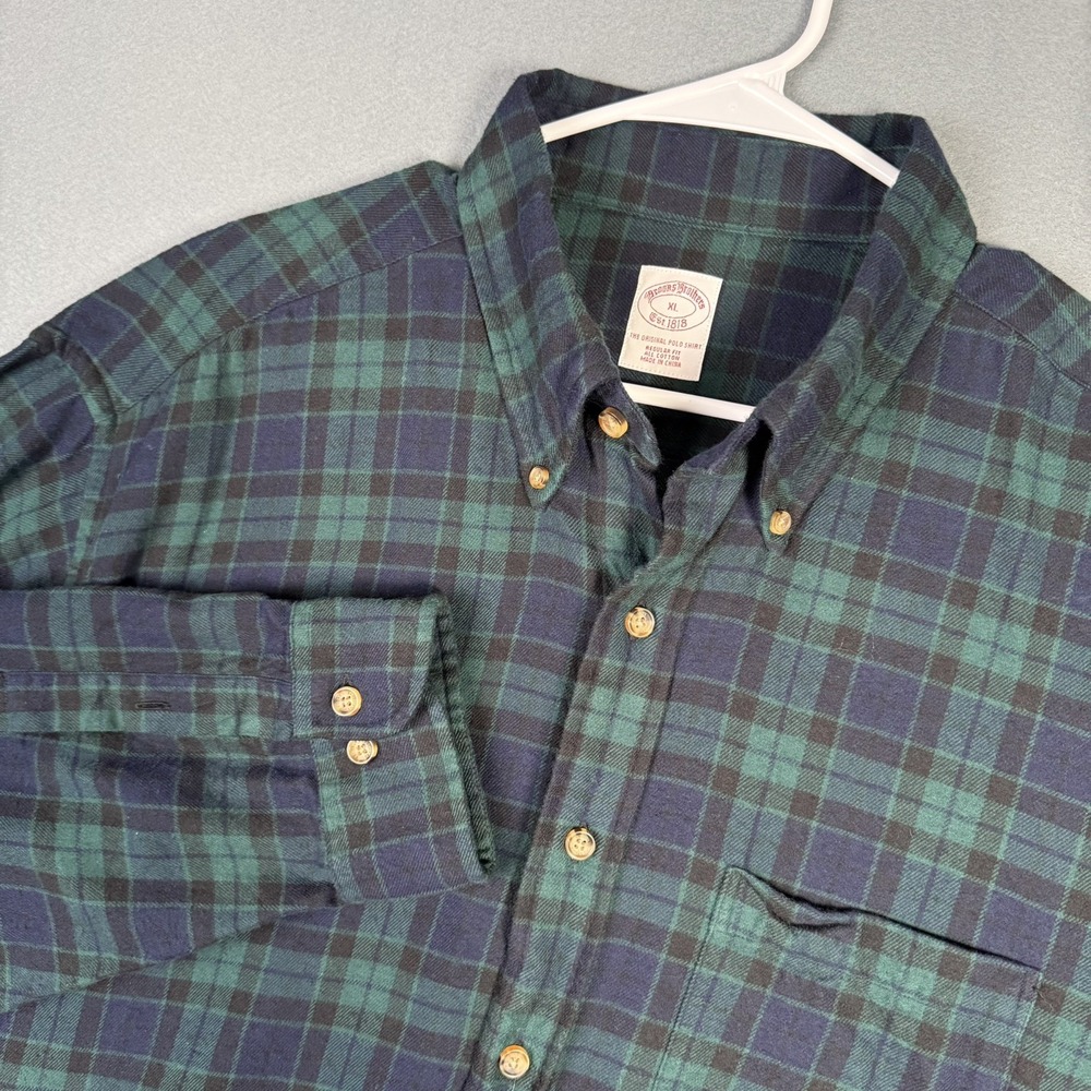 Brooks Brothers Mens XL Black Watch Tartan Plaid Flannel Shirt Green Navy